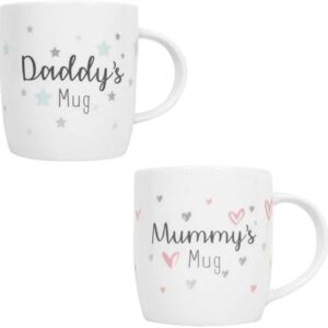 New Parents Mugs Mummy Daddy Newborn 12oz Bone China Luxury New Born Celebration Mug, Set of 2, For Home Kitchen Office