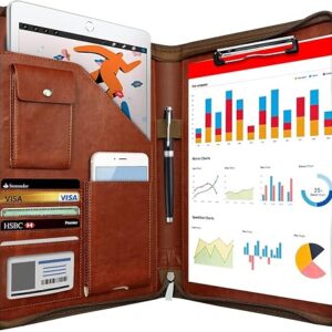 NEWYES PU Leather Zipper Conference Folder A4, Gifts for Men & Women, Travel Document Portfolio, Personal Agenda Organizer Folder, Brown