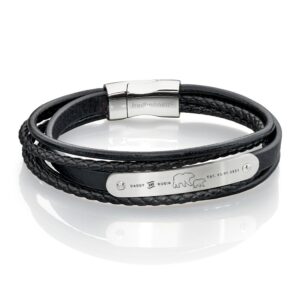 Fred Bennett Multi-Band Black Leather Steel ID Bar Bracelet