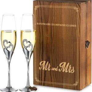 NUPTIO Wedding Gifts Champagne Flutes: Mr Mrs Prosecco Glasses Set of 2 - Gifts for Couple Anniversary - Engagement Presents for Bride Groom