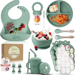 O'doe Baby Weaning Set – 15 Pcs Silicone Baby Feeding Set with Suction Plate, Bowl, Bib, Sippy Cup, Fruit Feeder, Freezer Tray – Baby Plates and Bowls Set – Pink – BPA Free | 6M+