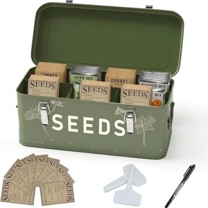 Orionstar Seed Storage Organizer, Metal Seed Saving Box with Lid, Seed Bin with 30 Plant Labels 30 Seed Envelopes 1 Marker Pens, 4 Compartments Box with Safety Locks, Blackish Green