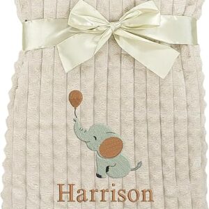 Personalised Baby Blanket Embroidered Elephant & Name Soft Fleece Wrap (Brown Elephant Beige Squares)