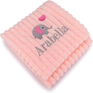 Personalised Baby Blanket Embroidered with Name & Elephant Design Soft Customised Blanket for Newborn Baby Girl Cot & Pram Blanket Baby Girl Present 100x75cm (Pink)