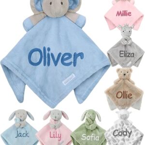 Personalised Baby Comforter Blanket Newborn Christening Shower Gift Boy Girl Keepsake Soft Snuggly Toy Blankie (Blue Elephant)