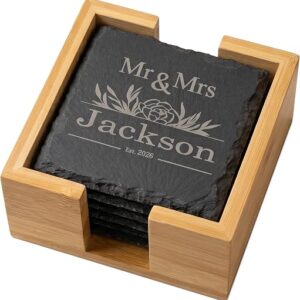 Personalised Coaster Set of 6 with Bamboo Holder - Mr and Mrs Wedding Gifts for Couple - Custom Slate Drink Mats - Anniversary Custom Present - Housewarming Gifts for New Home