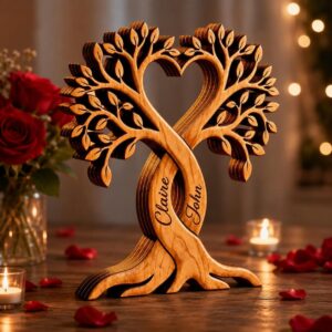 Personalised Couple Heart Tree Wooden Block, Anniversary Wedding Gifts for Wife Husband, Together Forever Couple Wood Block, Custom Name Heart Tree Plaque, Christmas Valentine Gift for Her Him