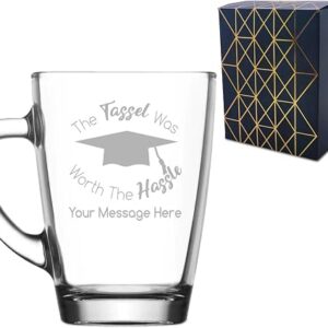 Personalised Engraved Graduation Glass Coffee Cup with 'The Tassel was Worth the Hassle' Design, Personalise with Any Name or Message, Gift Box Included, Laser Engraved, Uni College Graduation Gift
