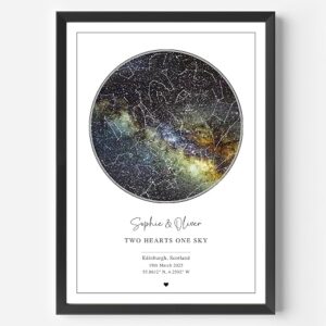 Personalised Star Map Print - Custom Night Sky Poster | Wedding Keepsake Couples | Circle Design | Any Date & Location | Midnight Black Fathers Day Gift