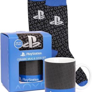 PlayStation Cup and Socks for Kids | Video Game Console Logo Coffee Mug One Size Socks | Gaming Presents Birthday Christmas | Blue Black Ceramic Homeware 11oz