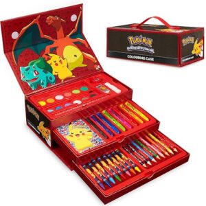 Pokemon Art Supplies Set with Colouring Pencils Felt Tip Pens Watercolour Paints Wax Crayons for Drawing Painting Set Pikachu Travel Art Set Anime Gifts (Black/Red)