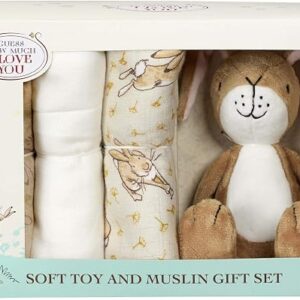 Rainbow Designs Guess How Much I Love You Baby Essential Gift Set - Little Nutbrown Hare Soft Toy & 3 Cotton Muslin Cloths in Illustrated Box - Newborn Baby Shower Present