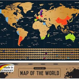 Scratch Off World Map - Premium Metallic Gold - Gift for Travellers - Made in Germany - 43cm x 68cm with 250 Flags of The World and U.S. States - Ideal Travel Tracker