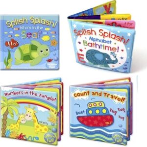 Set of 4 Baby Bath Books | First Words ABC Letters & Numbers | Plastic Coated & Padded | Floating Fun Educational Learning Toys for Toddlers & Kids