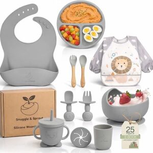 Snuggle & Sprout - 12PCS Silicone Baby Weaning Set: Suction Plate, Bibs, Toddler Cutlery, Sippy Cup - Ideal Baby Shower Gifts & Baby Essentials Including Weaning Chart & Ebook