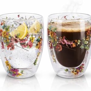 Straame Dried Flower Glass Coffee Mugs Pack of 2, 350 ml Floral Double Walled Glass Mugs with Handle, Double Wall Glass Tea Cups, Insulated Flower Mug, Double Walled Coffee Mug for Hot & Cold Drinks