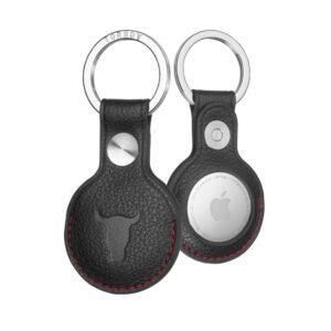 Leather AirTag Keyring - Black with Red Detail