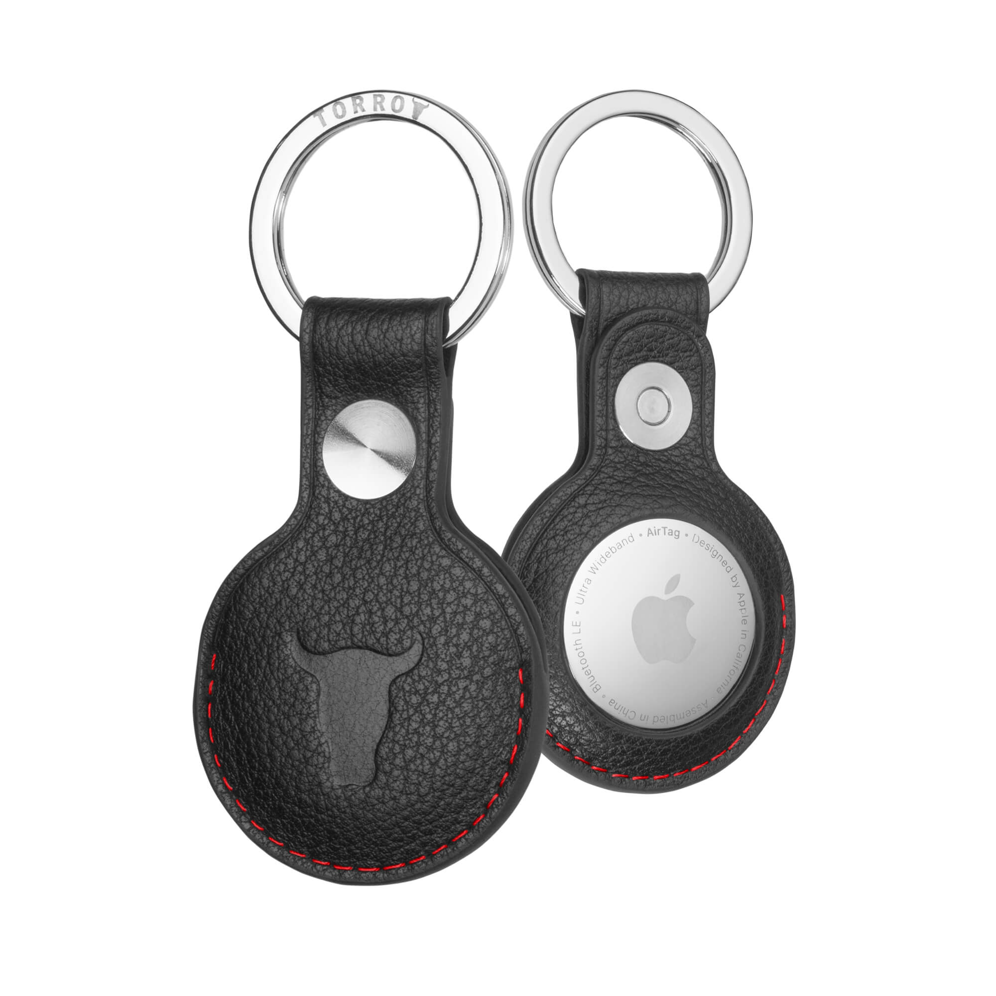 Leather AirTag Keyring - Black with Red Detail