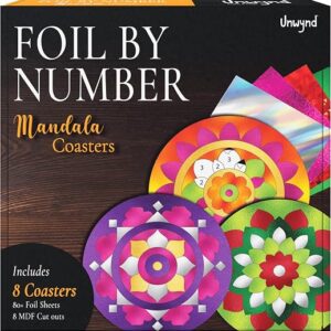 Unwynd Foil by Number Mandala Coaster Kit, 8 Pc DIY Foil Art Kit for Adults, Paint by Number Style, Relaxing Arts & Crafts Coaster Set, Easter Craft Gift for Teens & Women.