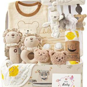 vamei Newborn Baby Gifts Baby Hamper Set with Baby Box Blanket Baby Onesie Socks Rattle Muslin Cloths Bibs Wooden Milestone Cards New Born Baby Essentials Baby Shower Gifts Boys Girls Unisex