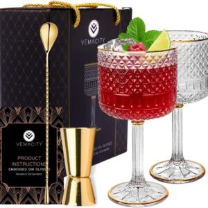 Vemacity Luxury Gin Glasses Set of 2 w/Gold Rims | Includes Gold Spoon, Spirit Measure & Pourer with Recipe e-Book | Crystal Gin Glass Gifts for Women | Aperol Spritz Gift Set & Cocktail Glasses