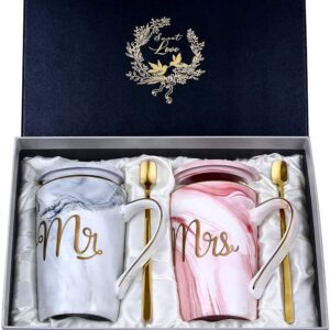 Wedding Gifts for Bride and Groom, Wedding Day Engagement Anniversary Couple Gifts for Him Her Newlyweds Mr and Mrs Coffee Cups Gift Set, 14oz Marble Ceramic Mugs for Wife and Husband