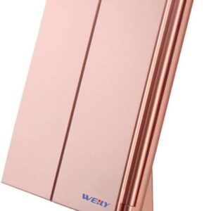 WEILY Lighted Vanity Makeup Mirror 1x/2x/3x Magnification Trifold with 36 LED Lights Touch Screen and USB charging, 180 Degree Adjustable Stand for Countertop Cosmetic Makeup Mirror(Rose Gold)
