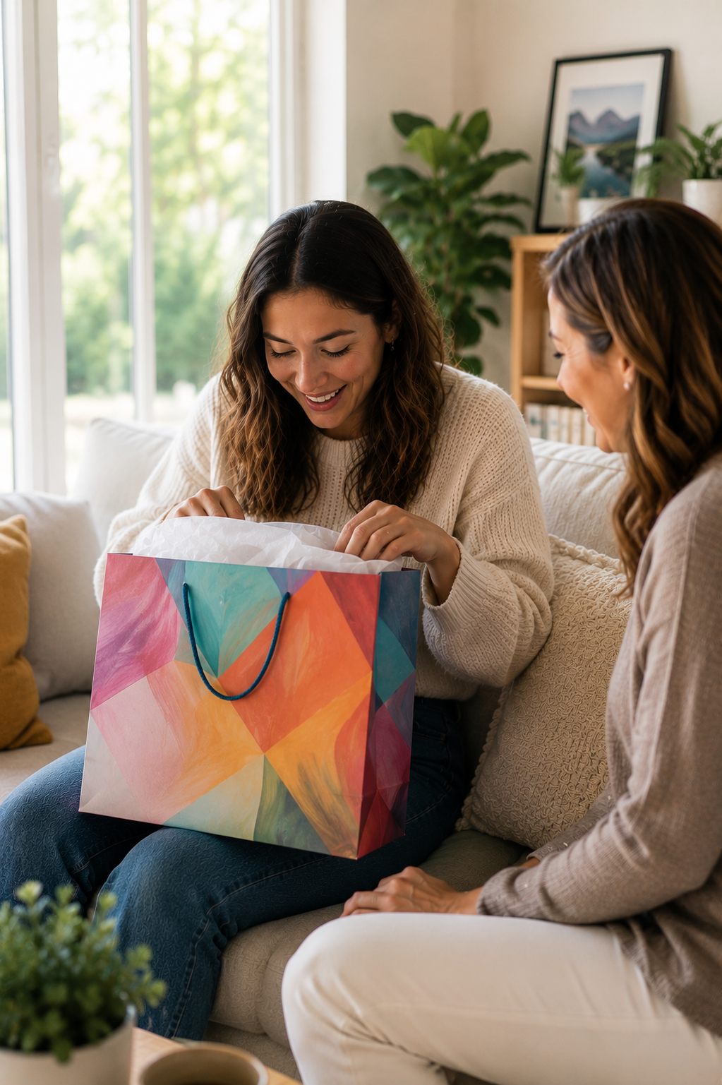 woman smiling opening gift bag