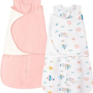 ZIGJOY Newborn Sleeping Bag 1.0 TOG 2 Pack Swaddle Wrap Baby Swaddle Sleeping Bag 100% Cotton Baby Wearable Blanket for New born Infant Boy Girl Grows 0-6 Months, Ocean&Pink